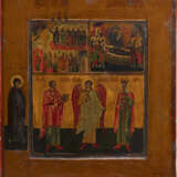 A TRI-PARTITE ICON SHOWING THE POKROV, THE DORMITION OF THE MOTHER OF GOD AND THE GUARDIAN ANGEL FLANKED BY STS. KOSMAS AND ELENA - Foto 1