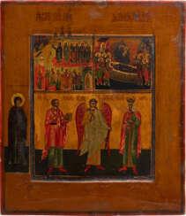 A TRI-PARTITE ICON SHOWING THE POKROV, THE DORMITION OF THE MOTHER OF GOD AND THE GUARDIAN ANGEL FLANKED BY STS. KOSMAS AND ELENA