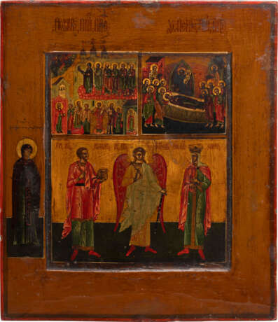 A TRI-PARTITE ICON SHOWING THE POKROV, THE DORMITION OF THE MOTHER OF GOD AND THE GUARDIAN ANGEL FLANKED BY STS. KOSMAS AND ELENA - Foto 1