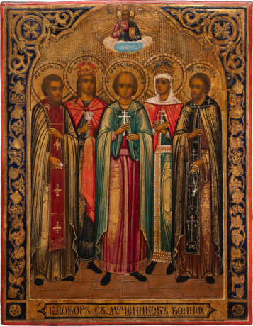 A SMALL ICON SHOWING ST. BONIFACE FLANKED BY FOUR SELECTED SAINTS, STS. BARBARA AND ELENA AMONG THEM - photo 1