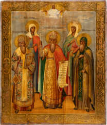 A LARGE DATED ICON SHOWING ST. VLADIMIR AND FOUR SELECTED SAINTS