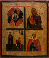 A QUADRI-PARTITE ICON SHOWING IMAGES OF THE MOTHER OF GOD AND ST. VLADIMIR