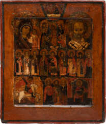 A MULTI-PARTITE ICON SHOWING THE DESCENT INTO HELL, THE MOTHER OF GOD OF KAZAN AND SELECTED SAINTS