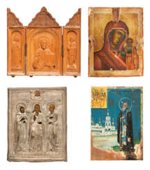 THREE MINIATURE ICONS SHOWING THE MOTHER OF GOD OF KAZAN AND SELECTED SAINTS AND A TRIPTYCH WITH A DEISIS