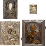 FOUR ICONS SHOWING IMAGES OF THE MOTHER OF GOD AND ST. NICHOLAS OF MYRA WITH OKLAD - фото 1