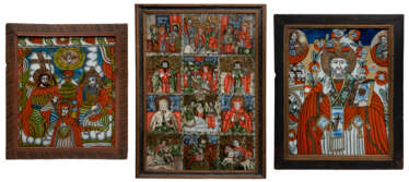 THREE LARGE REVERSE PAINTINGS ON GLASS SHOWING THE CORONATION OF THE MOTHER OF GOD, ST. NICHOLAS OF MYRA, FEASTS AND SAINTS