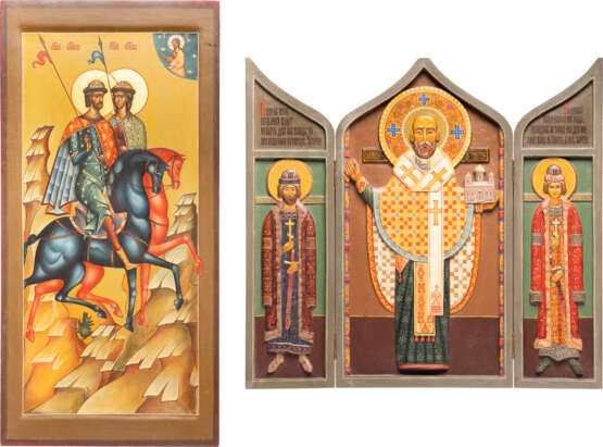 A LARGE TRIPTYCH AND A LARGE ICON SHOWING ST. NICHOLAS OF MOZHAISK AND STS. BORIS AND GLEB - photo 1