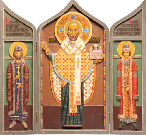 A LARGE TRIPTYCH AND A LARGE ICON SHOWING ST. NICHOLAS OF MOZHAISK AND STS. BORIS AND GLEB - фото 3