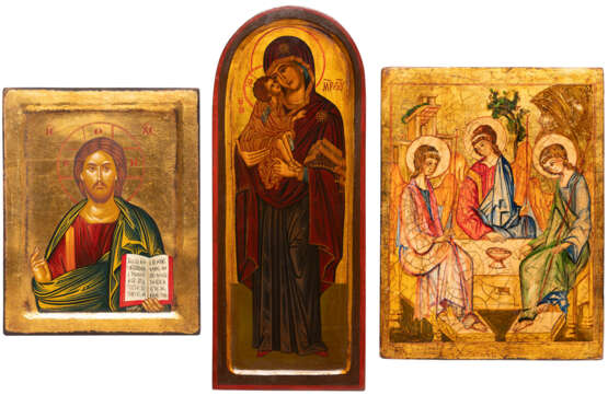THREE ICONS SHOWING CHRIST PANTOKRATOR, THE OLD TESTAMENT TRINITY AND THE MOTHER OF GOD - фото 1