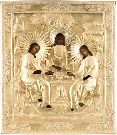 AN ICON SHOWING THE OLD TESTAMENT TRINITY WITH A SILVER-GILT OKLAD - photo 1