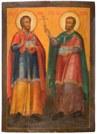 A MONUMENTAL ICON SHOWING STS. COSMAS AND DAMIAN FROM A CHURCH ICONOSTASIS - фото 1