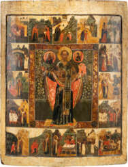 A MONUMENTAL VITA ICON OF ST. NICHOLAS OF MOZHAYSK WITH 16 SCENES FROM HIS LIFE FROM A CHURCH ICONOSTASIS