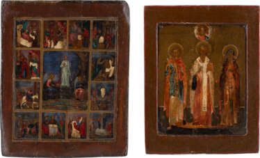TWO ICONS: A FEAST DAY ICON AND AN ICON SHOWING THREE SELECTED SAINTS