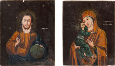 A PAIR OF WEDDING ICONS SHOWING CHRIST PANTOKRATOR AND THE KAZANSKAYA MOTHER OF GOD