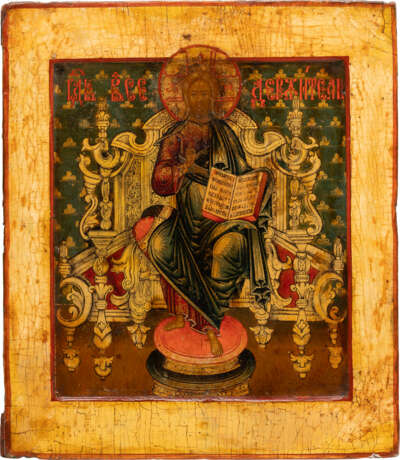 AN ICON SHOWING THE ENTHRONED CHRIST THE SAVIOUR WITH A SILVER-GILT OKLAD - фото 2