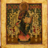AN ICON SHOWING THE ENTHRONED CHRIST THE SAVIOUR WITH A SILVER-GILT OKLAD - photo 2