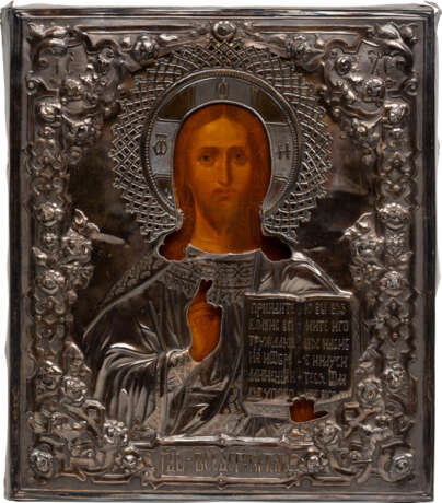 AN ICON SHOWING CHRIST PANTOKRATOR WITH A SILVER OKLAD - фото 1