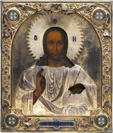 AN ICON SHOWING CHRIST PANTOKRATOR WITH A SILVER-GILT AND CHAMPLEVÉ ENAMEL OKLAD - фото 1