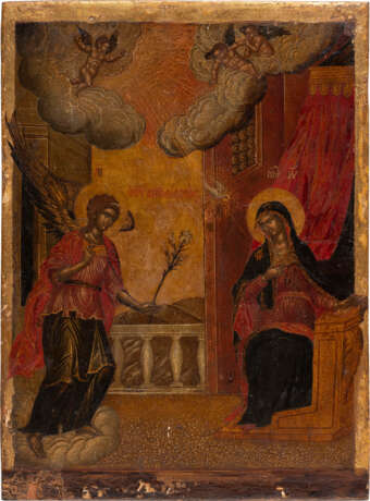 EMMANUEL LOMBARDOS 1587 Crete - 1631 (Circle of) A VERY FINE DATED ICON SHOWING THE ANNUNCIATION - Foto 1