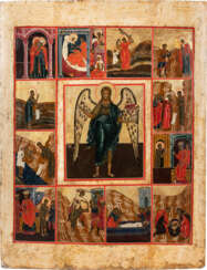 A MONUMENTAL VITA ICON OF ST. JOHN THE FORERUNNER WITH TWELVE SCENES FROM HIS LIFE FROM A CHURCH ICONOSTASIS