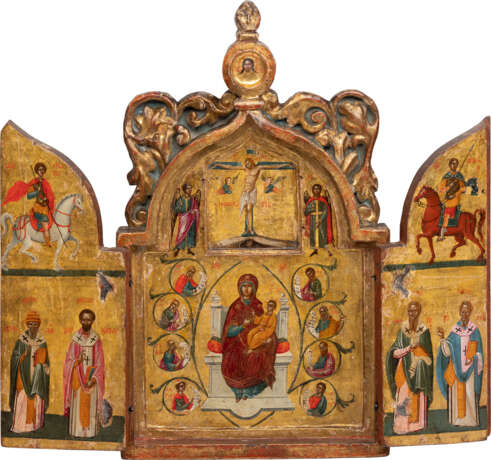A VERY FINE TRIPTYCH SHOWING THE CRUCIFIXION OF CHRIST, THE ENTHRONED MOTHER OF GOD WITHIN A SURROUND OF PROPHETS AND SELECTED SAINTS - фото 1