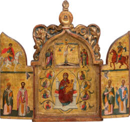 A VERY FINE TRIPTYCH SHOWING THE CRUCIFIXION OF CHRIST, THE ENTHRONED MOTHER OF GOD WITHIN A SURROUND OF PROPHETS AND SELECTED SAINTS