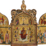 A VERY FINE TRIPTYCH SHOWING THE CRUCIFIXION OF CHRIST, THE ENTHRONED MOTHER OF GOD WITHIN A SURROUND OF PROPHETS AND SELECTED SAINTS - photo 1