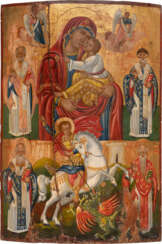 A MONUMENTAL TWO-PARTITE ICON SHOWING THE MOTHER OF GOD, ST. GEORGE KILLING THE DRAGON AND CHURCH FATHERS