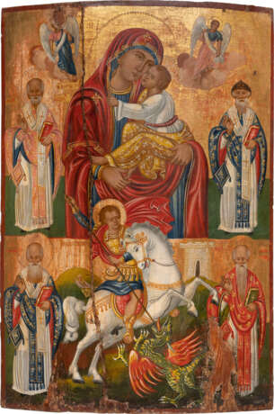 A MONUMENTAL TWO-PARTITE ICON SHOWING THE MOTHER OF GOD, ST. GEORGE KILLING THE DRAGON AND CHURCH FATHERS - фото 1