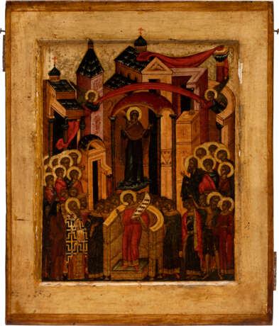 A VERY FINE ICON SHOWING THE PROTECTING VEIL OF THE MOTHER OF GOD (THE POKROV WITH ST. ROMANOS THE MELODIST) - фото 1
