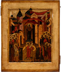 A VERY FINE ICON SHOWING THE PROTECTING VEIL OF THE MOTHER OF GOD (THE POKROV WITH ST. ROMANOS THE MELODIST)