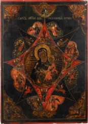A MONUMENTAL DATED ICON SHOWING THE MOTHER OF GOD 'OF THE BURNING BUSH' WITH OKLAD FROM THE CHURCH ICONOSTASIS OF THE ST. JOHN THE BAPTIST MONASTERY IN TREGULYAEVSK