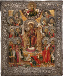 A FINE ICON SHOWING THE PRAISE OF THE MOTHER OF GOD (THE PROPHETS FORETOLD YOU) WITH A SILVER BASMA