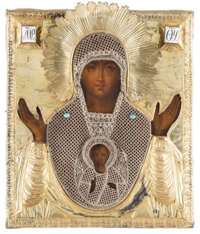 AN ICON SHOWING THE MOTHER OF GOD OF THE SIGN WITH A SILVER-GILT AND FILIGREE OKLAD - photo 1