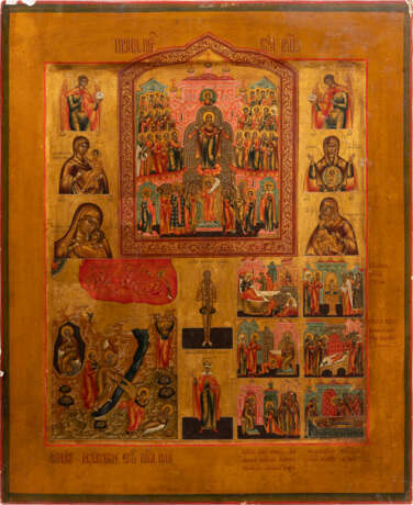 A LARGE AND FINE ICON SHOWING THE POKROV, IMAGES OF THE MOTHER OF GOD, THE PROPHET ELIJAH AND FEASTS - photo 1