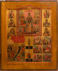 A LARGE AND FINE ICON SHOWING THE POKROV, IMAGES OF THE MOTHER OF GOD, THE PROPHET ELIJAH AND FEASTS