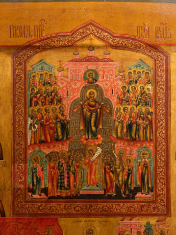 A LARGE AND FINE ICON SHOWING THE POKROV, IMAGES OF THE MOTHER OF GOD, THE PROPHET ELIJAH AND FEASTS - photo 4