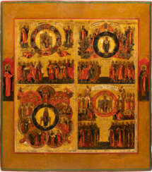 A LARGE AND RARE ICON SHOWING THE FOUR HYMNS TO THE MOTHER OF GOD