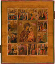 A RARE ICON SHOWING THE TIKHVINSKAYA MOTHER OF GOD WITH TWELVE SCENES OF HER LEGEND