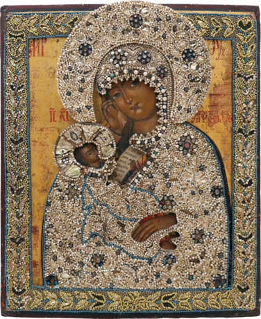 A LARGE ICON SHOWING THE MOTHER OF GOD 'SOOTHE MY SORROW' WITH AN EMBROIDERED OKLAD - фото 1