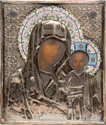 AN ICON SHOWING THE MOTHER OF GOD OF KAZAN WITH A SILVER AND CLOISONNÉ ENAMEL OKLAD
