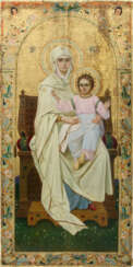 A MONUMENTAL ICON SHOWING THE ENTHRONED MOTHER OF GOD WITH CHILD