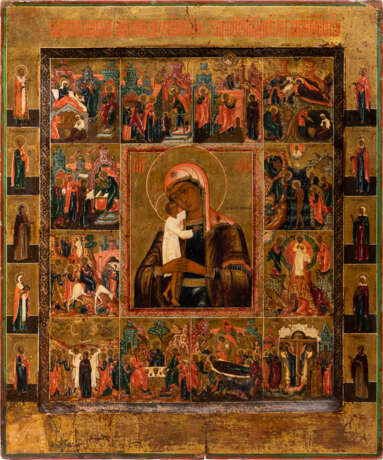A RARE AND LARGE ICON SHOWING THE MOTHER OF GOD 'SEEKING OF THE LOST' WITHIN A SURROUND OF TWELVE MAJOR FEASTS - photo 1