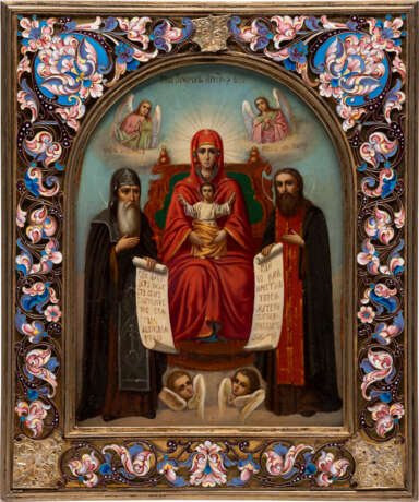AN ICON SHOWING THE MOTHER OF GOD OF THE KIEV CAVES (PECHERSKAYA) WITH A CLOISONNÉ ENAMEL AND SILVER-GILT BASMA - Foto 1