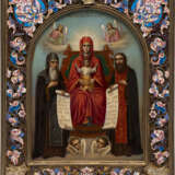 AN ICON SHOWING THE MOTHER OF GOD OF THE KIEV CAVES (PECHERSKAYA) WITH A CLOISONNÉ ENAMEL AND SILVER-GILT BASMA - Foto 1
