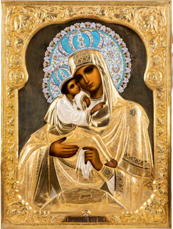 A MONUMENTAL ICON SHOWING THE POCHAEVSKAYA MOTHER OF GOD WITH A CLOISONNÉ ENAMEL OKLAD - фото 1
