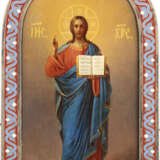 A VERY FINE ICON SHOWING CHRIST THE SAVIOUR WITH A SILVER-GILT AND CHAMPLEVÉ ENAMEL FRAME - Foto 1