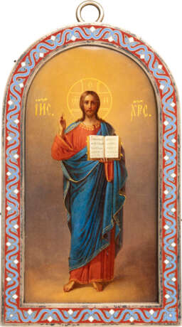 A VERY FINE ICON SHOWING CHRIST THE SAVIOUR WITH A SILVER-GILT AND CHAMPLEVÉ ENAMEL FRAME - фото 1