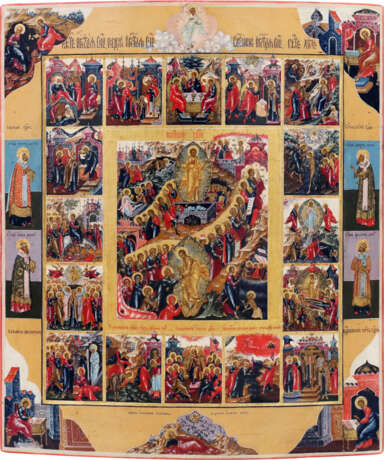 A VERY FINE AND LARGE ICON SHOWING THE RESURRECTION OF CHRIST AND THE DESCENT INTO HELL WITHIN A SURROUND OF 16 MAIN LITURGICAL FEASTS AND THE FOUR EVANGELISTEN - photo 1