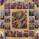 A VERY FINE AND LARGE ICON SHOWING THE RESURRECTION OF CHRIST AND THE DESCENT INTO HELL WITHIN A SURROUND OF 16 MAIN LITURGICAL FEASTS AND THE FOUR EVANGELISTEN - photo 1